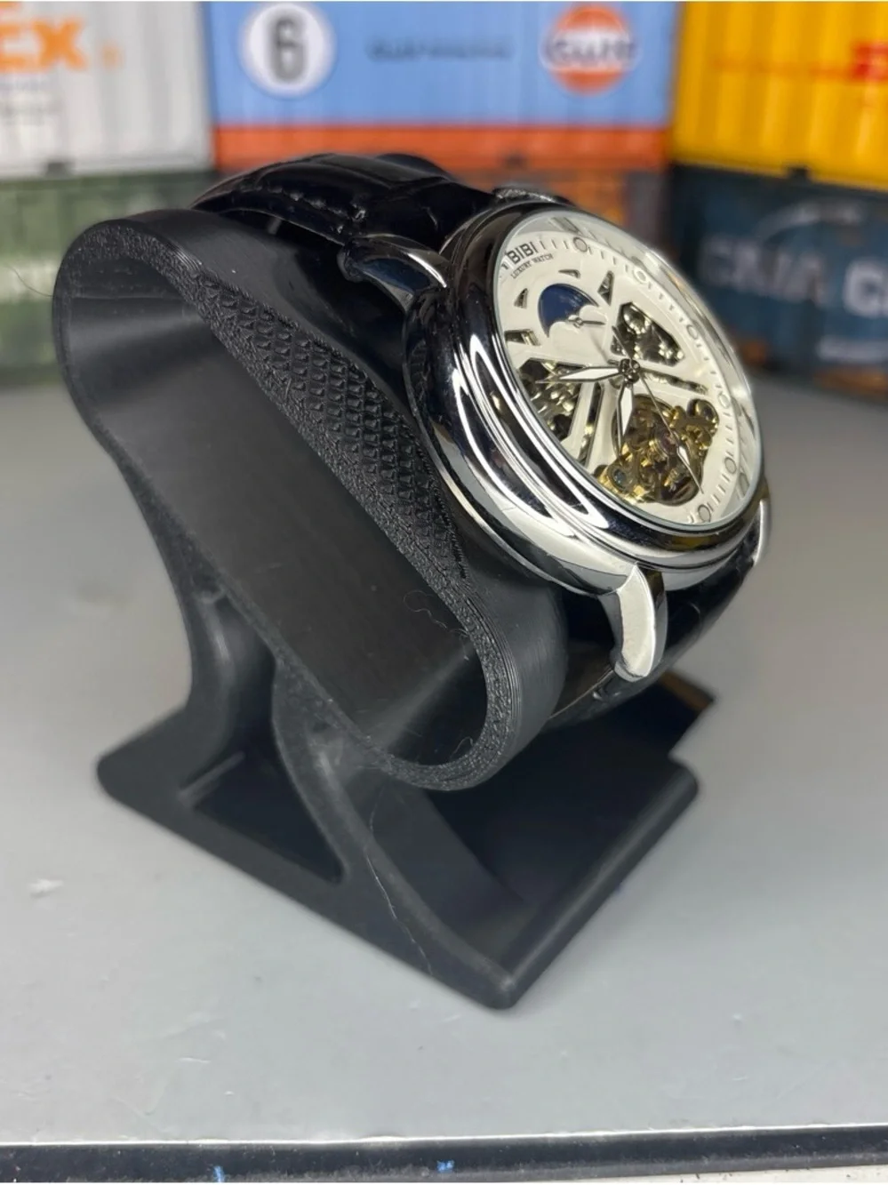 BiBi Automatic Cream Dial Skeleton Watch with Black Strap
